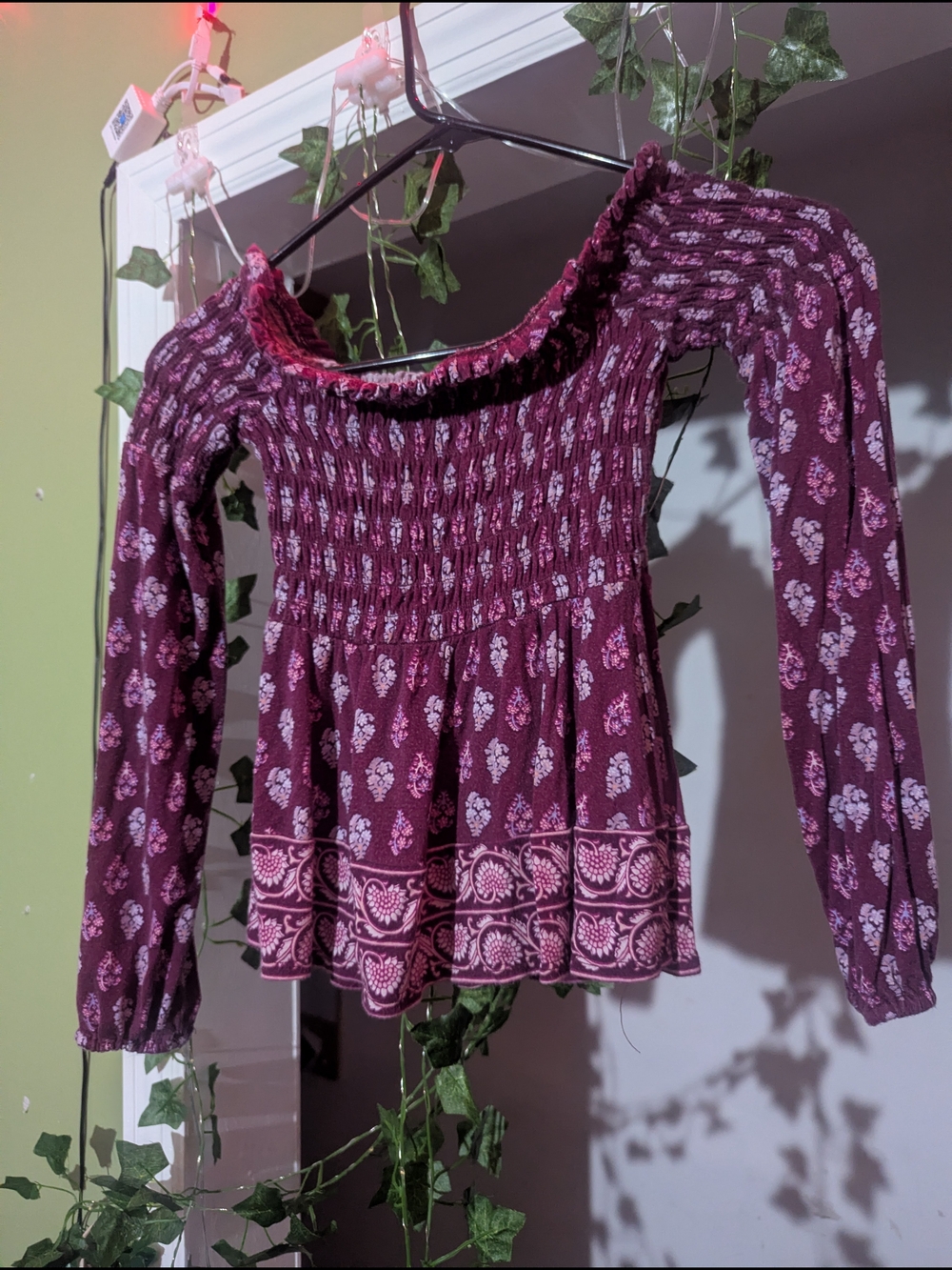 Aeropostale Plum Floral Smocked Off-Shoulder Tunic